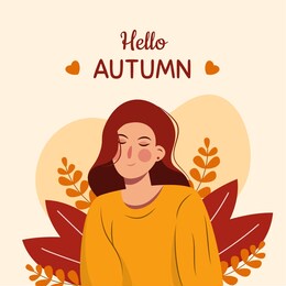 hello autumn concept with a lovely girl in flat design