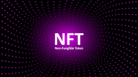 nft nonfungible tokens text in the center of spiral of glowing dots on dark background. pay for unique collectibles in games or art. for banner or news. vector illustration.