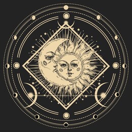 abstract vector illustration with hand drawn sun and moon. vintage engraving boho print with space symbol