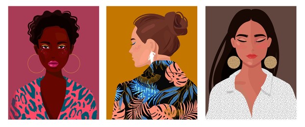  set of portraits of women of different gender and age. diversity. vector flat illustration. avatar for a social network.  vector flat illustration