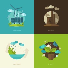 set of vector flat design concept illustrations with icons of ecology, environment, green energy and pollution