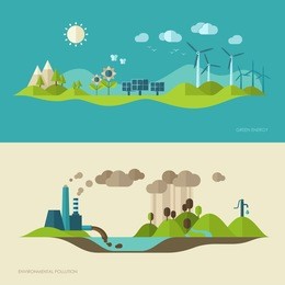 flat design vector concept illustration with icons of ecology, environment, green energy and pollution