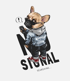 no signal slogan with cartoon dog in sunglasses holding mobile phone illustration