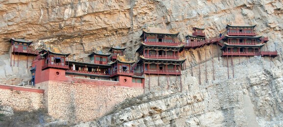 the hanging temple or hanging monastery near datong in shanxi province, china. the hanging temple is a major tourist sight near datong.  