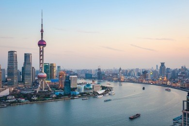 beautiful scenery of the huangpu river in shanghai at dusk ,china 