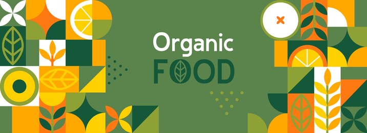 organic food banner in flat style. fruits and cereals geometry minimalistic with simple shape and figure.great for flyer, web poster, natural products presentation templates, cover design. vector .