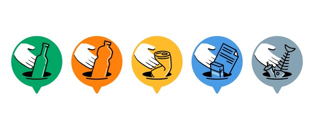 waste sorting and separation icons set - dumpster marking stickers with hand and garbadge - glass, plastic, metal, paper, organic waste - vector collection