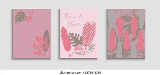 abstract hipster vector covers set. noble monstera leaves magazine design. hand drawn retro background. tie-dye, tropical leaves flyers. oriental style invitation. geometric frame pattern.