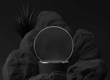 3d black palm,stone, rock podium display. copy space circle  background. cosmetics or beauty product promotion mockup.  natural rough silver grey,  step pedestal. trendy minimalist banner, 3d render 
