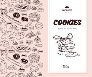 vector packaging design with bakery goods pattern and cookies label,  banner. hand drawn cookie illustration, doodle style. line art.