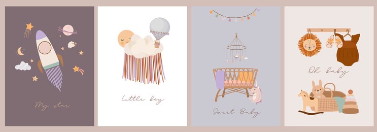 set of cute boho baby cards in scandinavian style. cartoon doodle kids clipart for baby shower invitation card, poster. editable vector illustration.