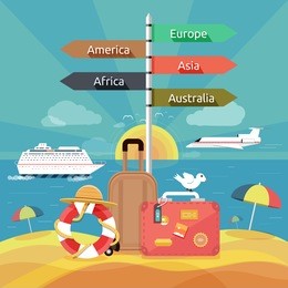 icons set of traveling, planning a summer vacation, tourism and journey objects and passenger luggage in flat design. different types of travel. business travel concept