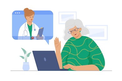 cute old woman with laptop computer receiving online medical consultation. health care in old age and it technologies concept. vector illustration in flat cartoon style