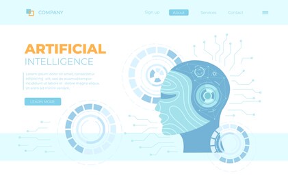 artificial intelligence ai, future technology, digital brain, machine learning, data mining. robot head with a human face, neural networks. can use for web banner, landing page, web.