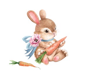 cute easter bunny with blue bow and carrot, watercolor illustration .hand painted for holidays and design