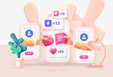 smartphone with social media ui. phone template. interaction between people through social networks. social network user interface with new likes, comments, followers. vector illustration 3d style.