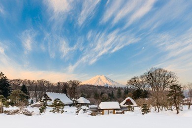 oshino village and mount fuji, after the heavy snow storms in the past 120 years in 20 february 2014
