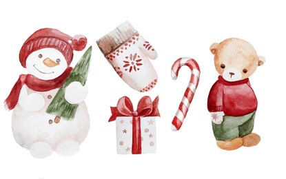 greeting set with christmas clip art, snowman, teddy, candy cane, surprise, mitten, can be used as invitation card for wedding, new year and other holiday and winter background. 