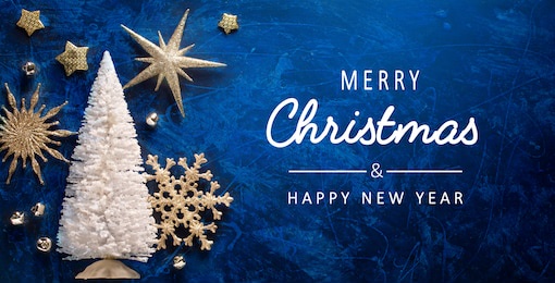 art merry christmas and happy holidays greeting card, frame, banner. new year. noel. christmas ornaments on blue background top view. winter xmas holiday theme. flat lay