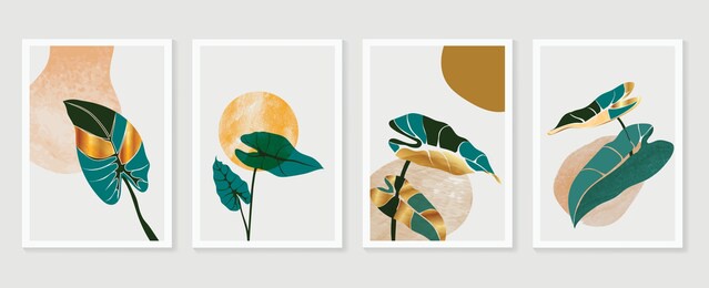 botanical and gold abstract wall arts vector collection.  golden and luxury pattern design with leaves line arts, hand draw organic shape design for wall framed prints, canvas prints, poster, home dec