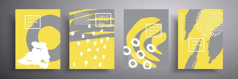 set of vector covers of four minimalistic hand-drawn illustrations of abstract shapes in gray and yellow. trendy colors of 2021