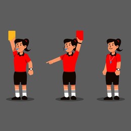 female soccer referee blowing whistle and showing punishment card.