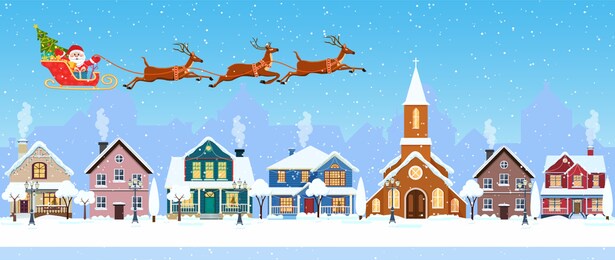 happy new year and merry christmas winter old town street. christmas town city seamless border panorama. santa claus with deers in sky above the city. illustration in flat style.