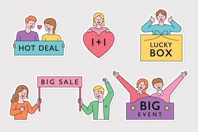 hot deal, lucky box, big sale event label sticker. a person character holding a board with a message written on it. flat design style minimal vector illustration.