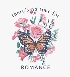 romance slogan with butterfly on wild pink flowers background
