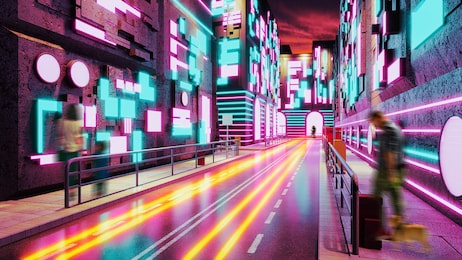 3d rendering, 3d illustration: night futuristic city after rain with cyberpunk neon lights and glowing windows
