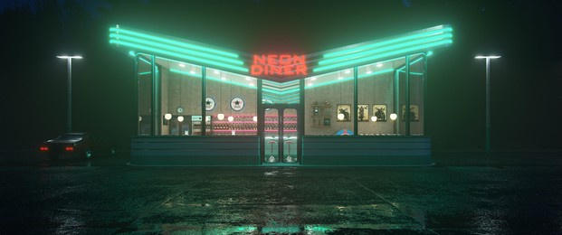 neon diner and retro car late at night. fog, rain and colour reflections on asphalt. 3d illustration