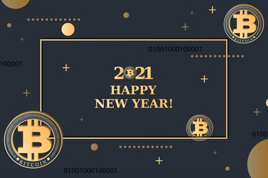 bitcoin. greeting card, poster. 2021. happy new year. merry christmas. crypto currency coin 