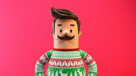 3d character illustration man with mustache in christmas sweater with shadow and reflection 3d rendering