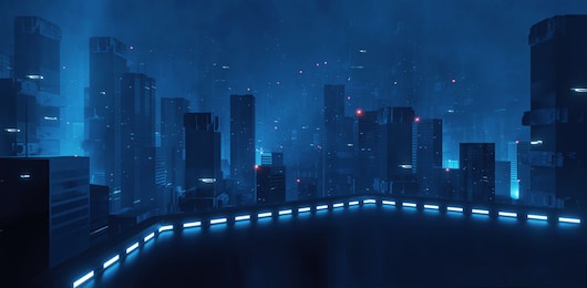 3d rendering of building deck in mega cyberpunk style city surrounding with many skyscraper towers. for business technology product background, wallpaper
