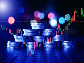 stack of money coin with forex trading graph, financial investment concept use for background