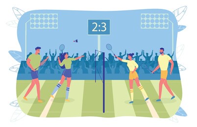 badminton team game in front large audience. man and woman in sportswear playing against each other. athlete throw stretched net shuttlecock. score displayed on scoreboard, people sitting on bench.