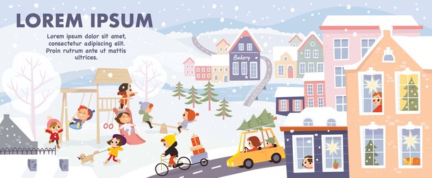 little cozy town. panoramic. winter season, snowfall, cold outside. town windows on christmas. children look out the window and play outdoors. christmas vector illustration of a winter landscape.