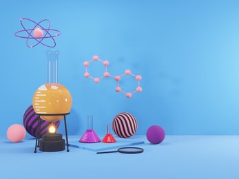 3d render - 3d image scientific equipment, laboratory equipment, collection of test tubes and flasks with colorful liquid, 