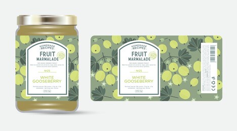 label and packaging of white, green gooseberry marmalade. jar with label. text in frame with stamp (sugar free) on seamless pattern with berries, flowers and leaves.