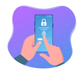 hands holding smartphone and identification scanning with finger. concept of under screen fingerprint scan to unlock smartphone. flat cartoon vector illustration