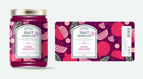 label and packaging of pomegranate marmalade. jar with label. text in frame with stamp (sugar free) on seamless pattern with fruits, flowers and leaves.