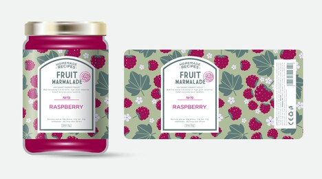 label and packaging of raspberry marmalade. jar with label. text in frame with stamp (sugar free) on seamless pattern with berries, flowers and leaves.