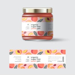 ripe peaches fruit jam label and packaging. jar with cap with label. white strip with text and on seamless pattern with fruits, flowers and leaves.