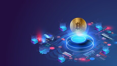 digital currency or cryptocurrency mining farm. creation of bitcoins. crypto mining, blockchain concept. crypto currency market landing page. hologram of a bitcoin coin on a blue futuristic background
