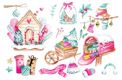 winter and christmas doodle in water color style illustration