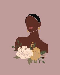 vector abstract floral women portraits. international women's day. minimalistic style with beautiful, confident black woman and bouquets. perfect for interior design, page decoration, web and other