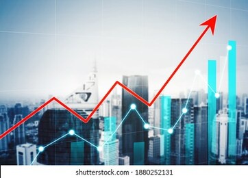 close up of growth business financial graph and upward arrow with modern city background