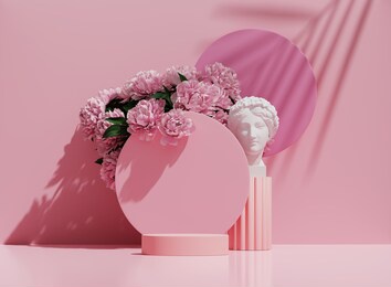 3d podium display, pastel pink background with flowers. white  greek woman, stone statue. round  pedestal stand. cosmetic product presentation. peonies and palm leaf shadow. nature, abstract 3d render
