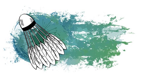 contour sketch of a shuttlecock with a hatching on turquoise grunge trace with watercolor splashes. equipment for sports games. vector templates for logos, banners, cards and your design.