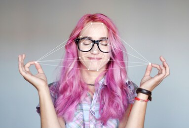 portrait of a young woman and face recognition system